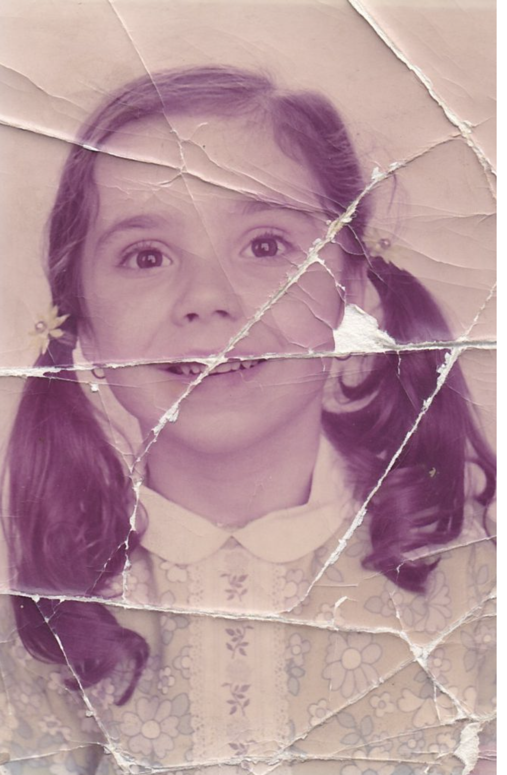 Cracked colour portrait of a young girl before and after restoration — original